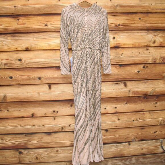 Mac Duggal Long Sleeve Beaded Column Gown Dress Mocha Size 4 - Picture 11 of 14